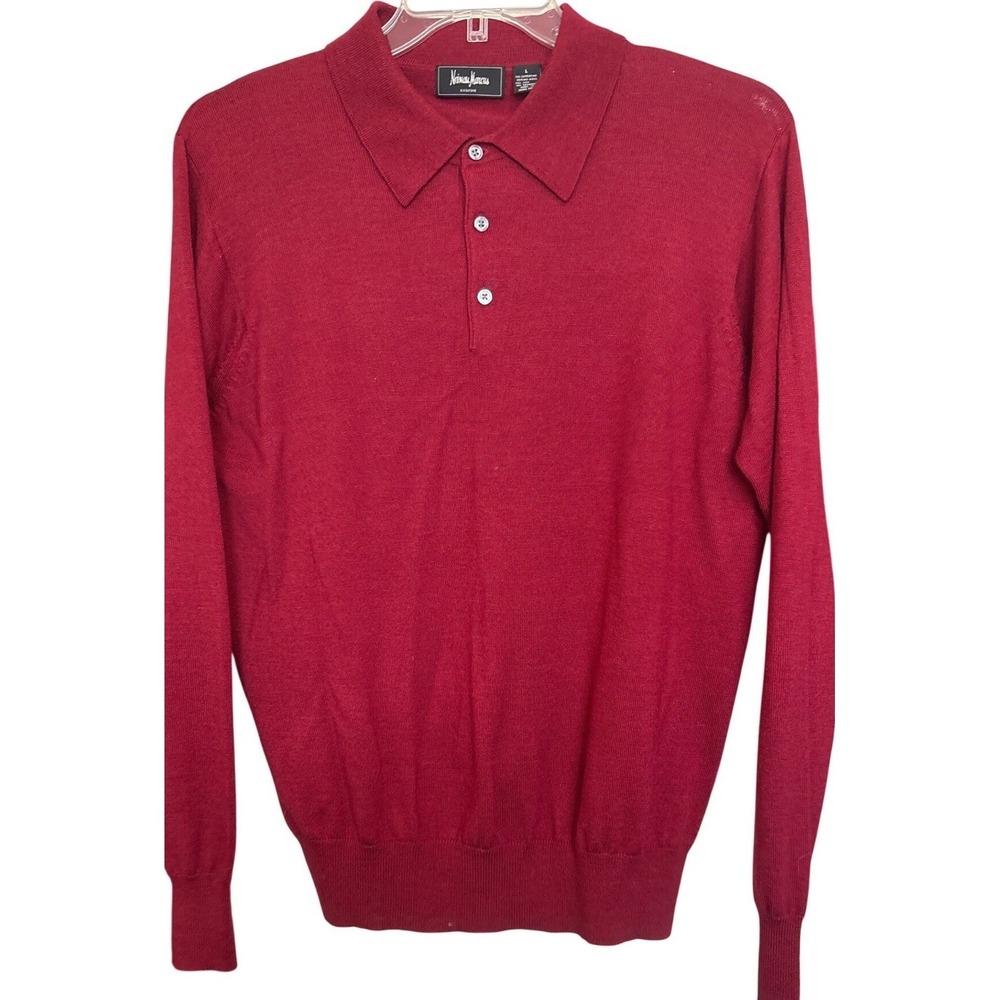 Neiman Marcus Mens Red Merino Wool Silk Cashmere Long‎ Sleeve Polo Sweater L